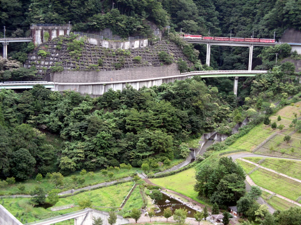 「井川線の列車が走っています（長島ダムから見えました）」